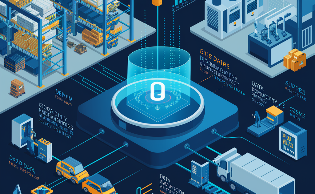 Supply Chain Uma imagem de um armazém industrial espaçoso com um grande cubo de vidro transparente no centro. O armazém é cercado por caixas de papelão, paletes e empilhadeiras. No canto superior direito da imagem, há um cartaz com o logotipo da empresa.